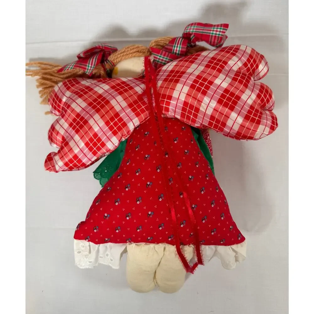 Handmade Christmas Angel Rag Doll with Plaid Wings, Vintage-Style Holiday Decor